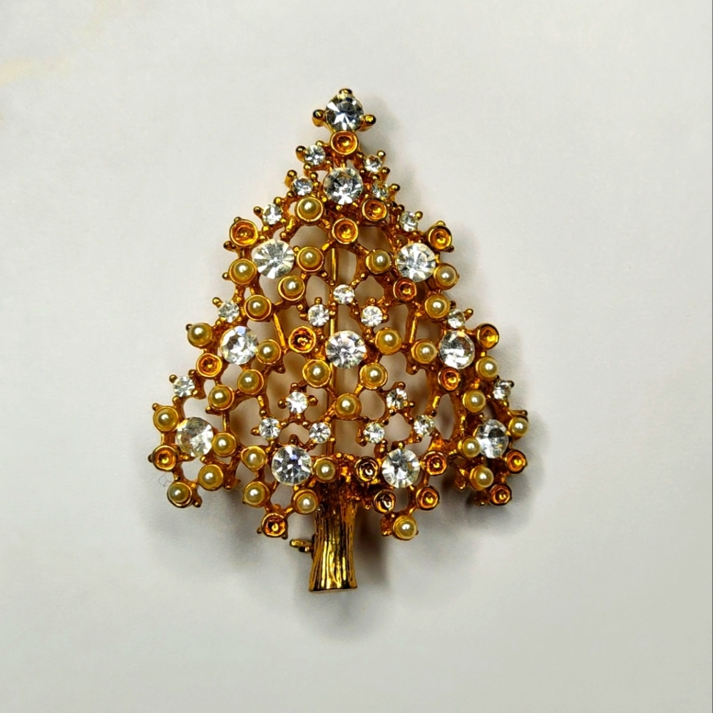 Eisenberg Ice Christmas Tree Brooch w/ Faux Pearls